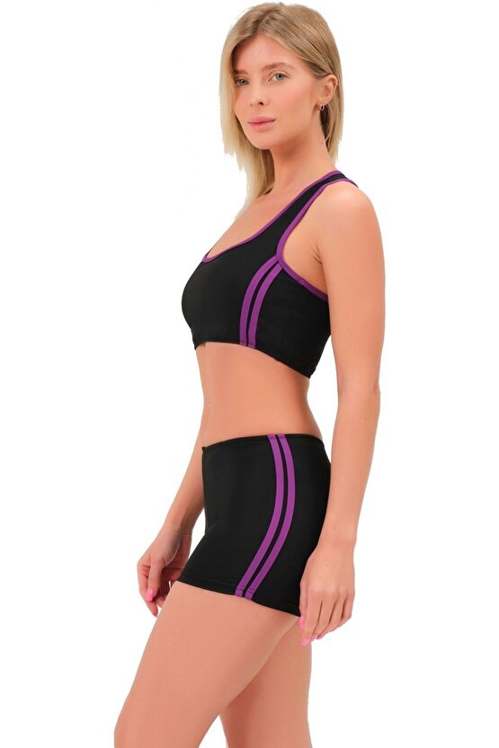 Şeritli Şortlu Yüzücü Bikini 5509 Siyah Mor