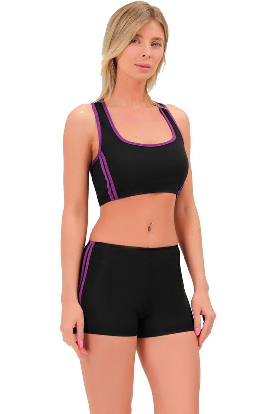 Şeritli Şortlu Yüzücü Bikini 5509 Siyah Mor