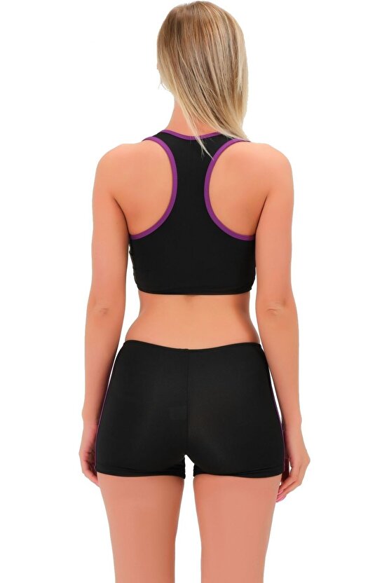 Şeritli Şortlu Yüzücü Bikini 5509 Siyah Mor