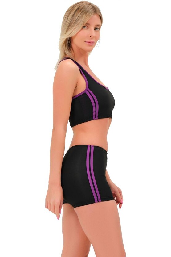 Şeritli Şortlu Yüzücü Bikini 5509 Siyah Mor
