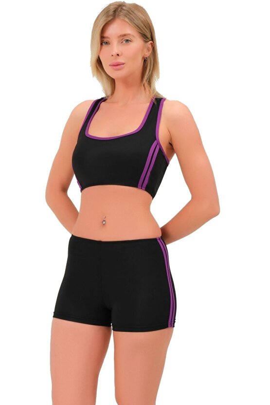 Şeritli Şortlu Yüzücü Bikini 5509 Siyah Mor