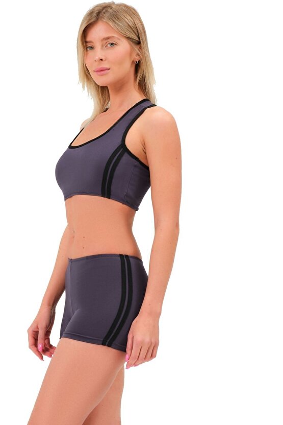 Şeritli Şortlu Yüzücü Bikini 5509 Füme