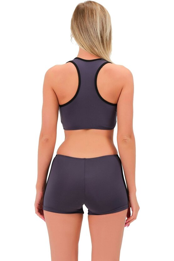 Şeritli Şortlu Yüzücü Bikini 5509 Füme