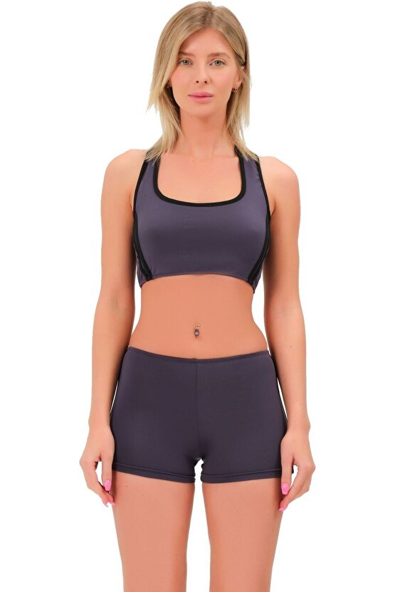 Şeritli Şortlu Yüzücü Bikini 5509 Füme
