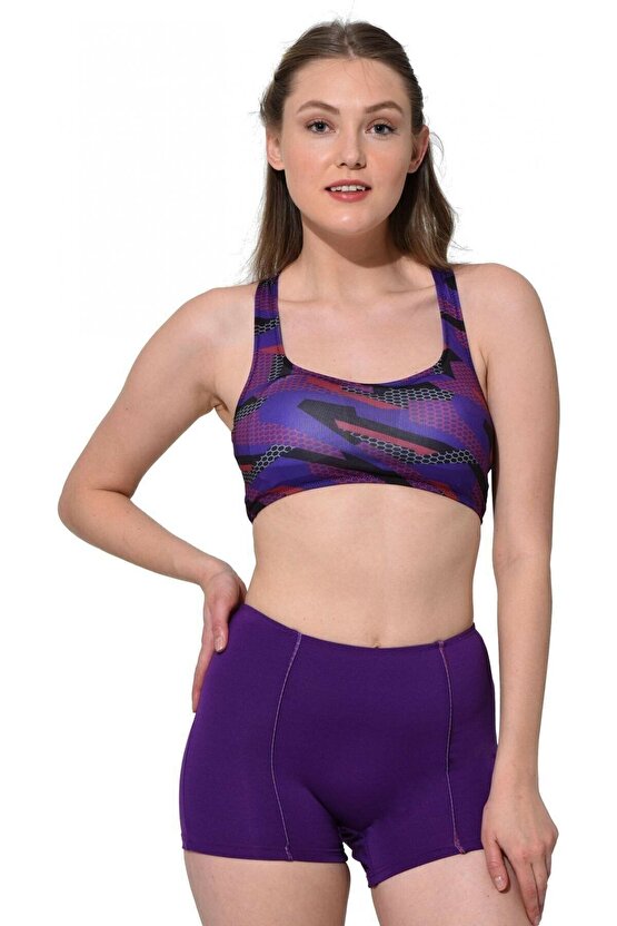 Kadın Mor Modelli Desenli Badili Şortlu Yüzücü Bikini