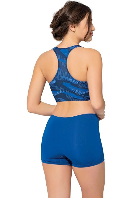 Modelli Desenli Badili Şortlu Yüzücü Bikini 5523 Desenli Saks