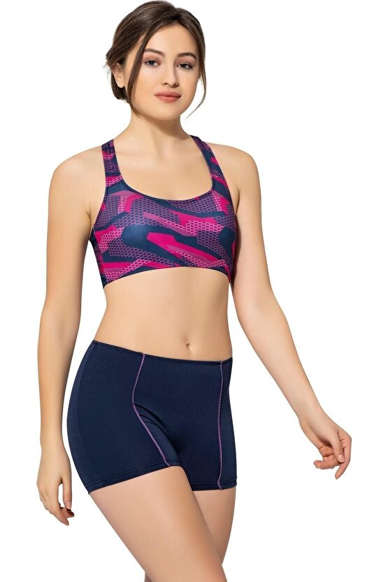 Modelli Desenli Badili Şortlu Yüzücü Bikini 5523 Desenli Lacivert