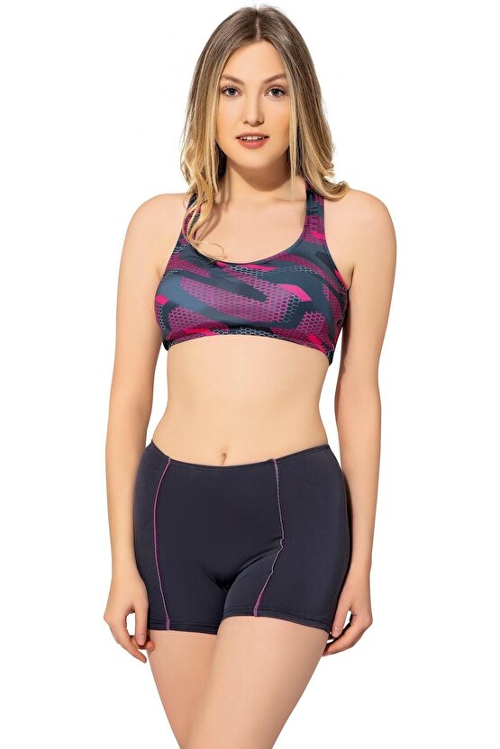 Kadın Desenli Füme Badili Şortlu Yüzücü Bikini 5523
