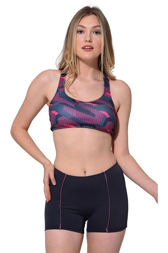 Kadın Desenli Füme Badili Şortlu Yüzücü Bikini 5523