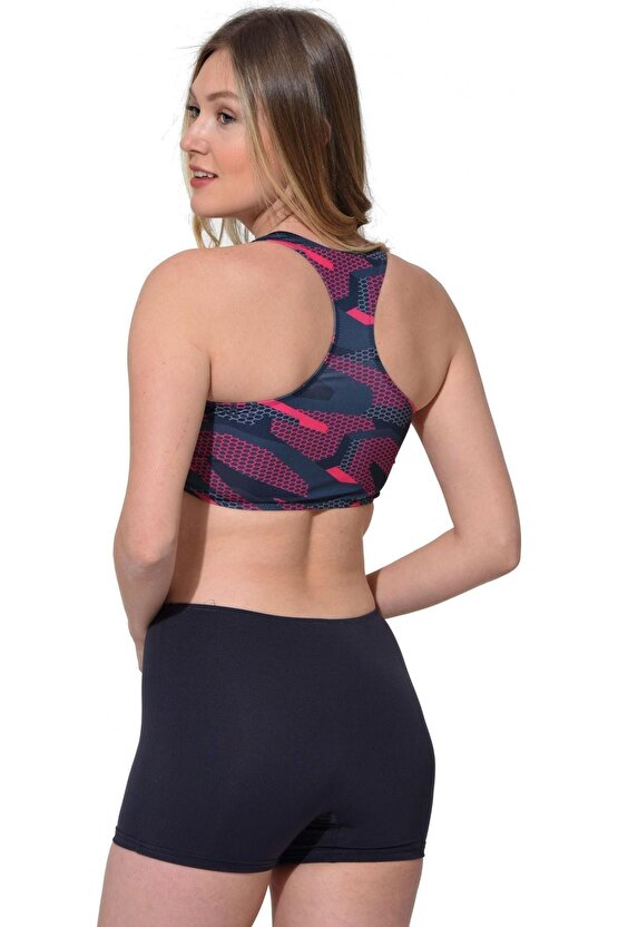 Kadın Desenli Füme Badili Şortlu Yüzücü Bikini 5523