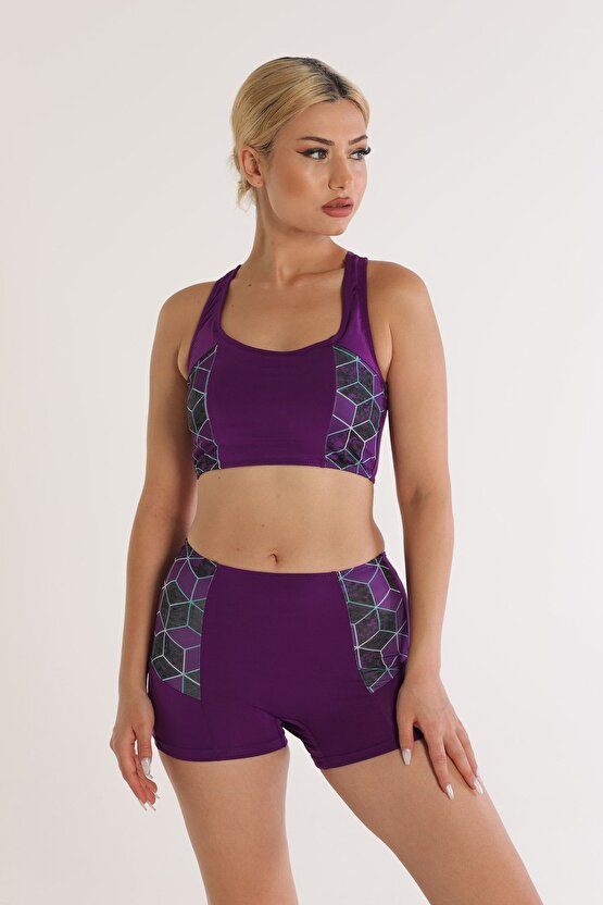 Modelli Şortlu Desenli Badili Yüzücü Bikini 5524 Desenli Mor