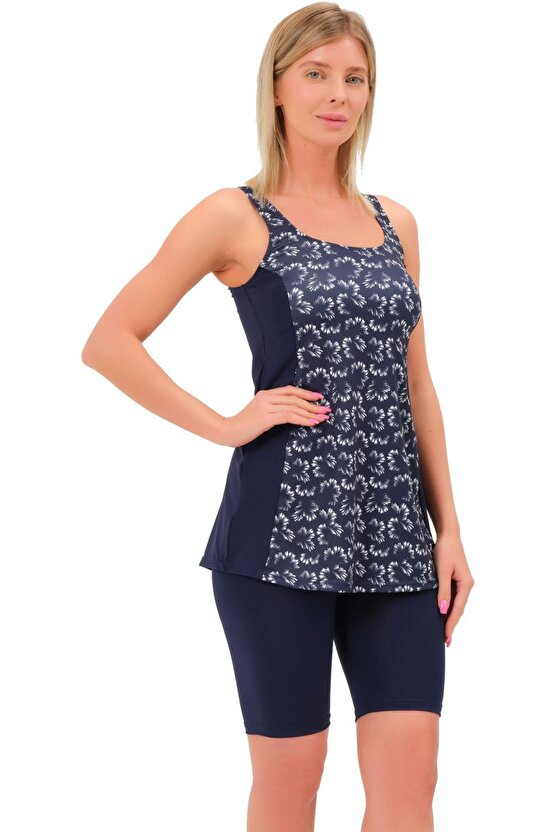 Taytkini Garnili Desenli Şortlu Büyük Beden Tankini 5534 Lacivert Beyaz