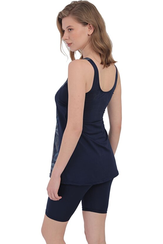 Taytkini Garnili Desenli Şortlu Tankini 5534 Lacivert Gri Büyük Beden