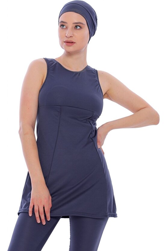 Askılı Kolsuz Düz Sade Yarı Tesettür Mayo 7812 Füme Büyük Beden