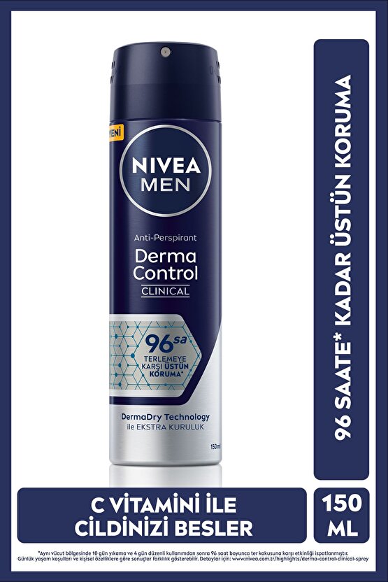 MEN Erkek Sprey Deodorant Derma Control Clinical 150ml, 96 Saat Anti-perspirant Ter Koruması