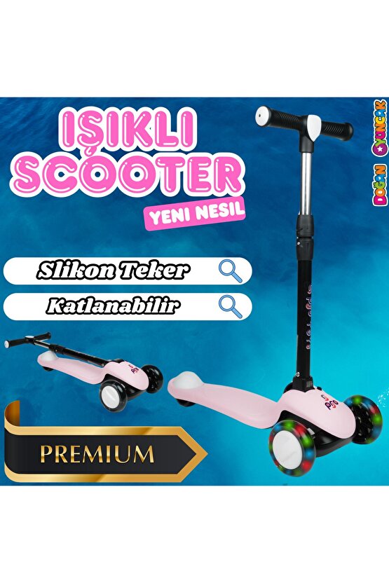 Lupa Katlanabilir Işıklı 3 Tekerlekli Pembe Scooter - Işıklı Scooter - Slikon Teker Scooter - Çocuk