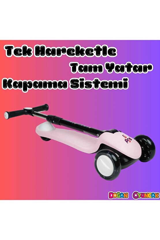 Lupa Katlanabilir Işıklı 3 Tekerlekli Pembe Scooter - Işıklı Scooter - Slikon Teker Scooter - Çocuk