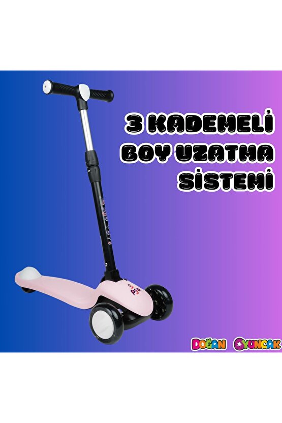 Lupa Katlanabilir Işıklı 3 Tekerlekli Pembe Scooter - Işıklı Scooter - Slikon Teker Scooter - Çocuk