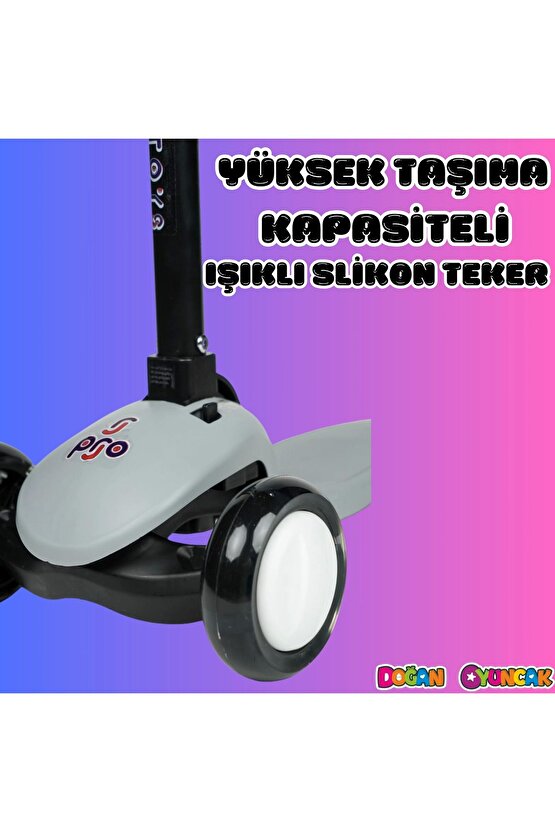 Lupa Katlanabilir Işıklı 3 Tekerlekli Gri Scooter - Işıklı Scooter - Slikon Teker Scooter - Çocuk Sc