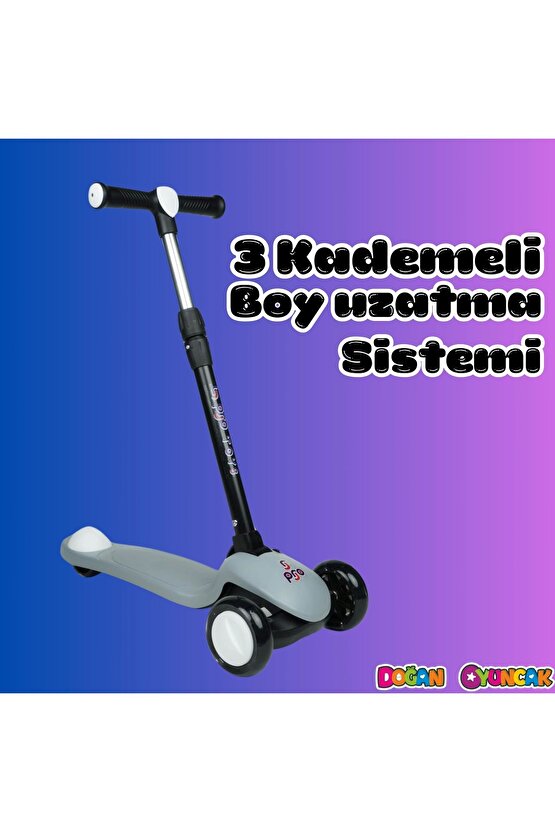 Lupa Katlanabilir Işıklı 3 Tekerlekli Gri Scooter - Işıklı Scooter - Slikon Teker Scooter - Çocuk Sc