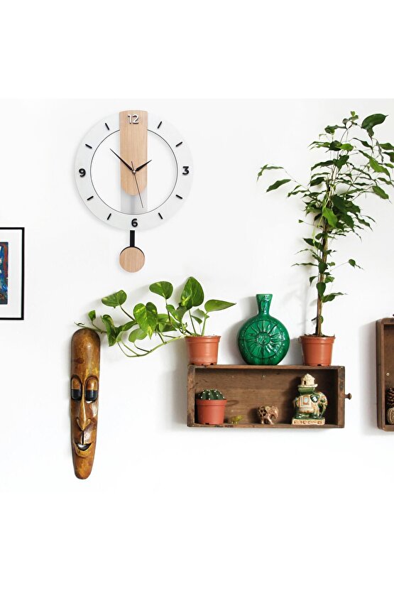 Ahşap Sade Tasarım 35 cm Sallanan Sarkaçlı Duvar Saati Modern Dekor