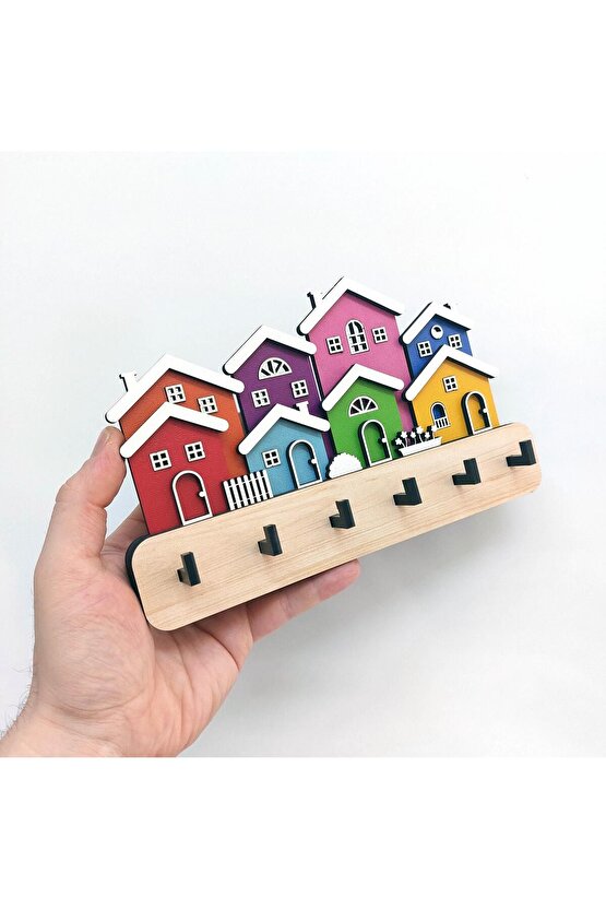 Yanyana Renkli Evler Ahşap Dekoratif Duvar Askısı Anahtarlık Modern Dekor