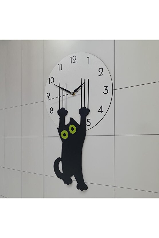 Özel Ahşap Tasarım Saati Tırmalayan Kara Kedi Duvar Saati Dekor
