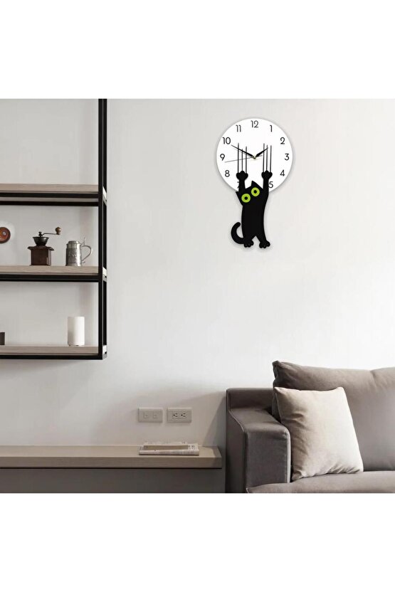 Özel Ahşap Tasarım Saati Tırmalayan Kara Kedi Duvar Saati Dekor