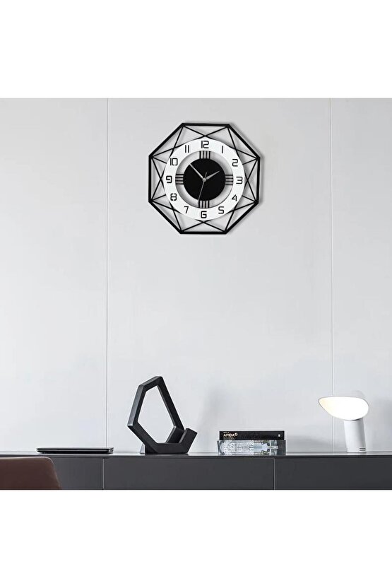Sekizgen Geometrik Ahşap Tasarım 40 cm Modern Duvar Saati Siyah Beyaz