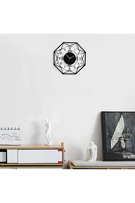 Sekizgen Geometrik Ahşap Tasarım 40 cm Modern Duvar Saati Siyah Beyaz