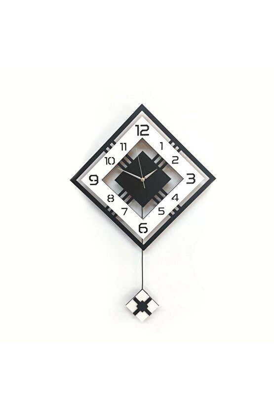 Dörtgen Geometrik Tasarım 50 cm Modern Ahşap Sarkaçlı Duvar Saati Siyah Beyaz