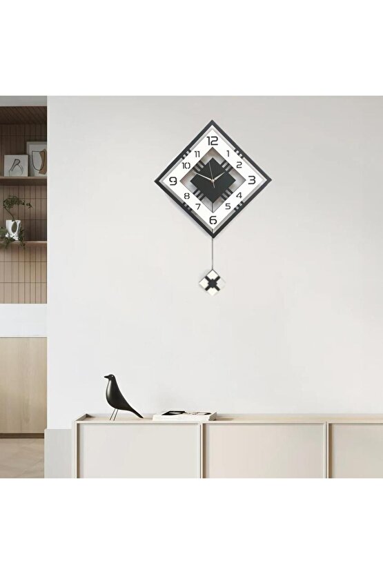 Dörtgen Geometrik Tasarım 50 cm Modern Ahşap Sarkaçlı Duvar Saati Siyah Beyaz
