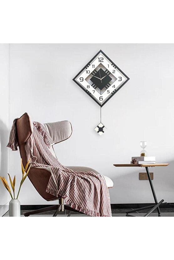 Dörtgen Geometrik Tasarım 50 cm Modern Ahşap Sarkaçlı Duvar Saati Siyah Beyaz