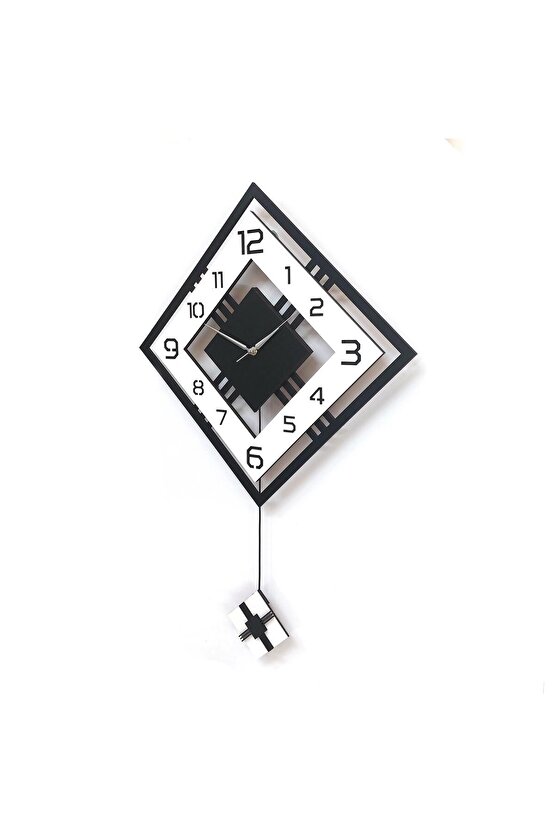 Dörtgen Geometrik Tasarım 50 cm Modern Ahşap Sarkaçlı Duvar Saati Siyah Beyaz