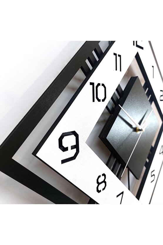 Dörtgen Geometrik Tasarım 50 cm Modern Ahşap Sarkaçlı Duvar Saati Siyah Beyaz