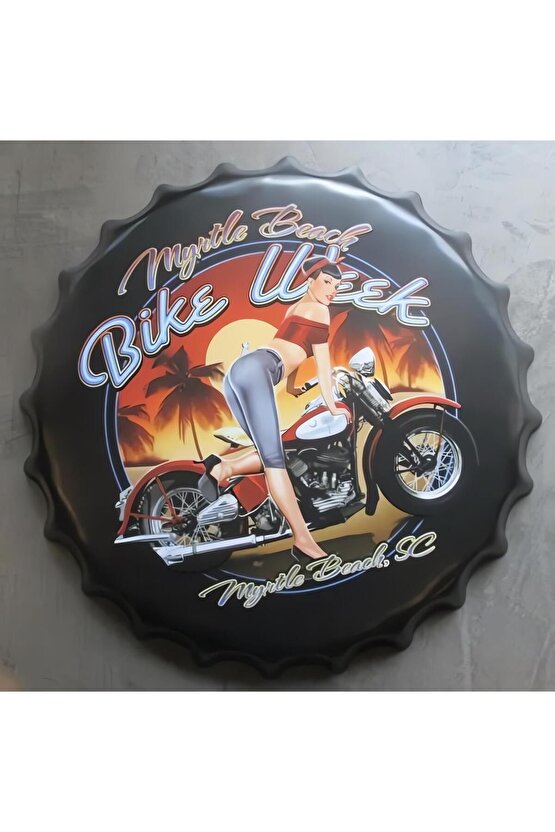 Retro 35 cm Kapak Şeklinde Motosiklet Tema Metal Tablo Dekor