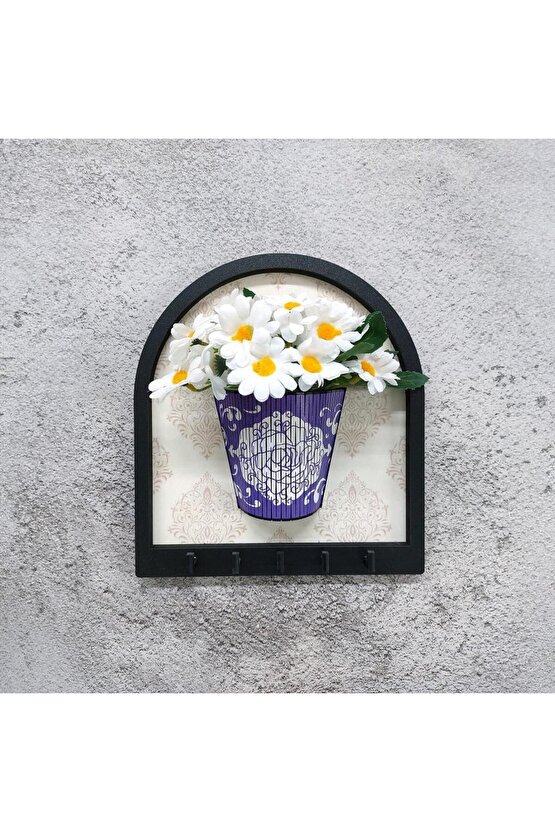 Ahşap Motifli Mor Saksı İçinde Beyaz Yapay Papatyalar Askılık Duvar Dekoru