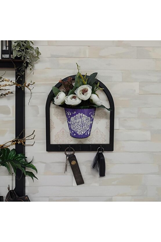 Ahşap Motifli Mor Saksı İçinde Beyaz Yapay Çiçek Askılık Duvar Dekoru