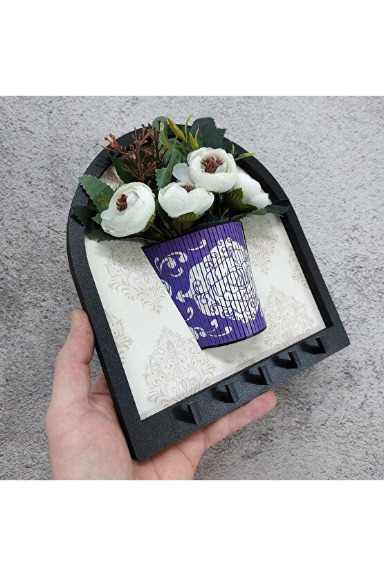Ahşap Motifli Mor Saksı İçinde Beyaz Yapay Çiçek Askılık Duvar Dekoru