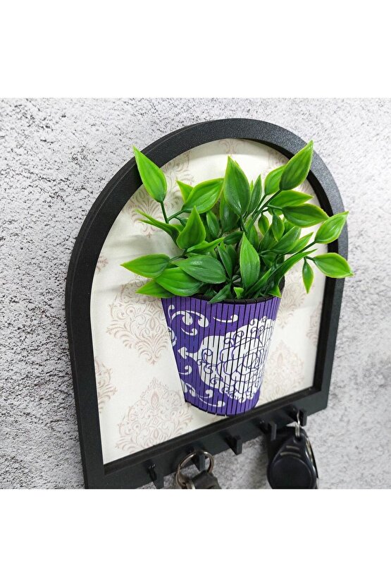 Ahşap Motifli Mor Saksı İçinde Yeşil Yapay Bitki Askılık Duvar Dekoru