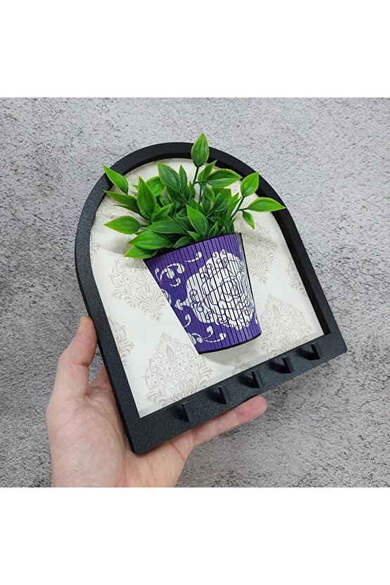 Ahşap Motifli Mor Saksı İçinde Yeşil Yapay Bitki Askılık Duvar Dekoru