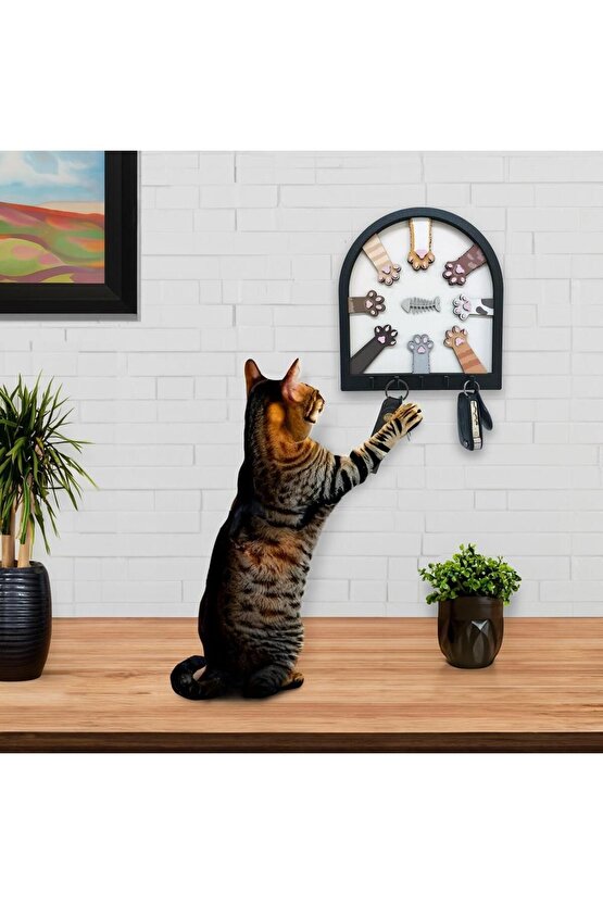 Renkli Kedi Patileri ve Balık Kabartma Tasarım Anahtarlık Duvar Dekor Askılık