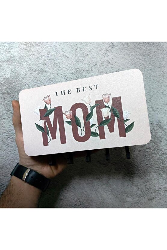 The Best Mom Anne Çiçek Resimli Bölmeli Anahtarlık Askılık Duvar Dekoru