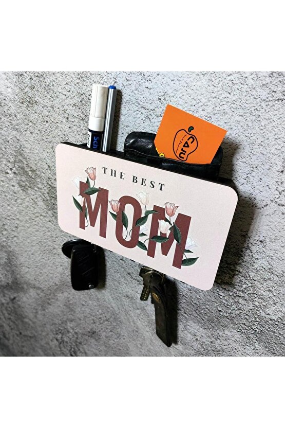 The Best Mom Anne Çiçek Resimli Bölmeli Anahtarlık Askılık Duvar Dekoru