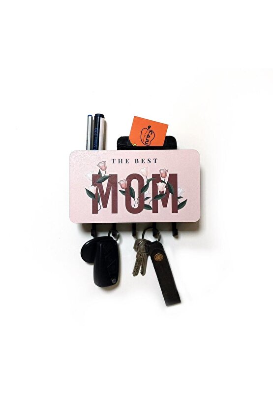 The Best Mom Anne Çiçek Resimli Bölmeli Anahtarlık Askılık Duvar Dekoru