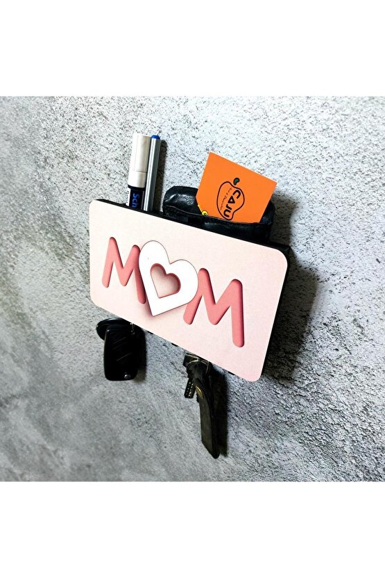 Pembe Kalpli Mom Anne Yazılı Bölmeli Anahtarlık Duvar Askılık Dekor