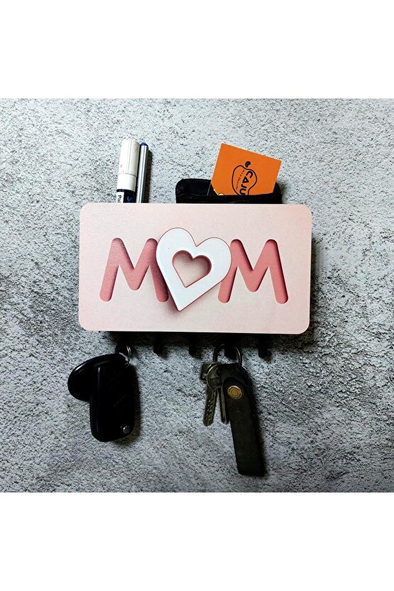 Pembe Kalpli Mom Anne Yazılı Bölmeli Anahtarlık Duvar Askılık Dekor