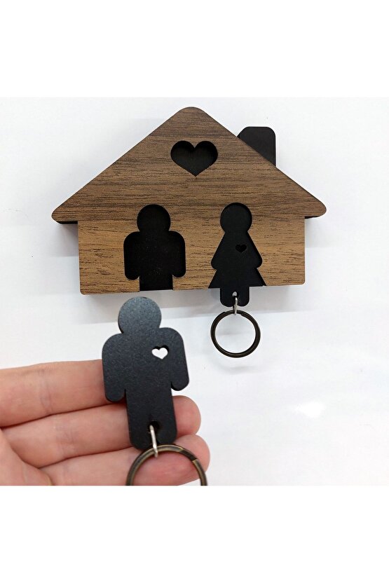 Ahşap Puzzle Tasarım Sevgili Çift Sevimli Ev Duvar Anahtarlık