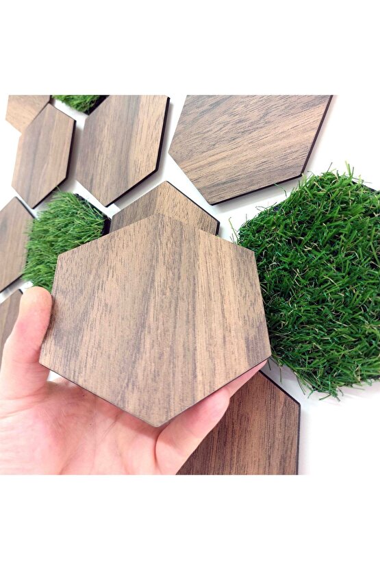 16 Parça Geometrik Çim Detaylı Modern Dekoratif Duvar Dekoru Tablo