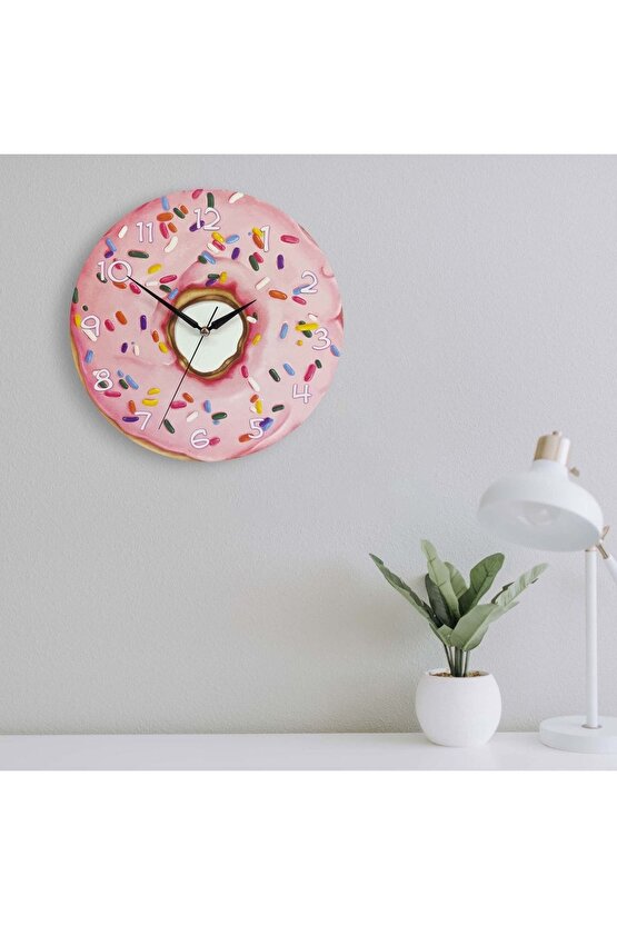 Dekoratif Pembe Donut Yuvarlak Ahşap Duvar Saati